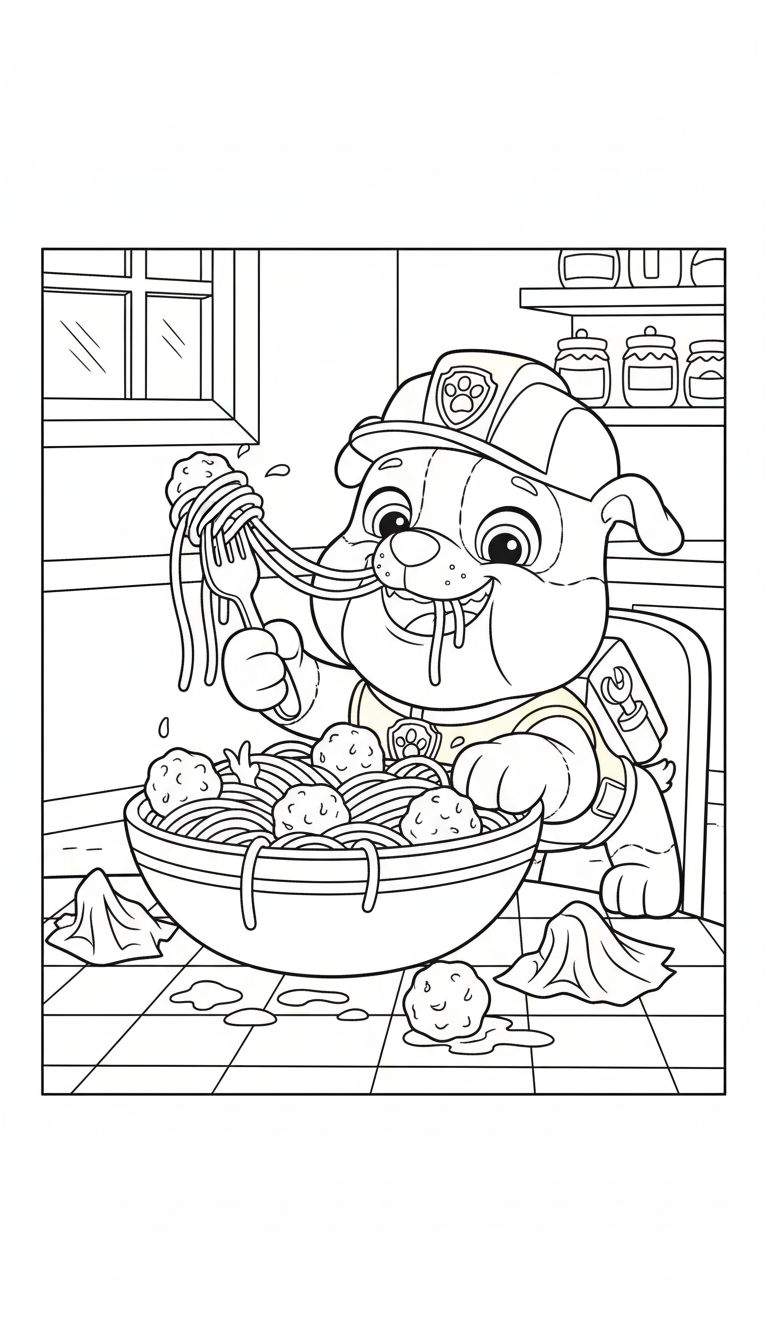 Zwart-wit kleurplaat van Rubble van Paw Patrol die spaghetti met gehaktballen eet en kwijlt, met rommel op de keuken vloer.