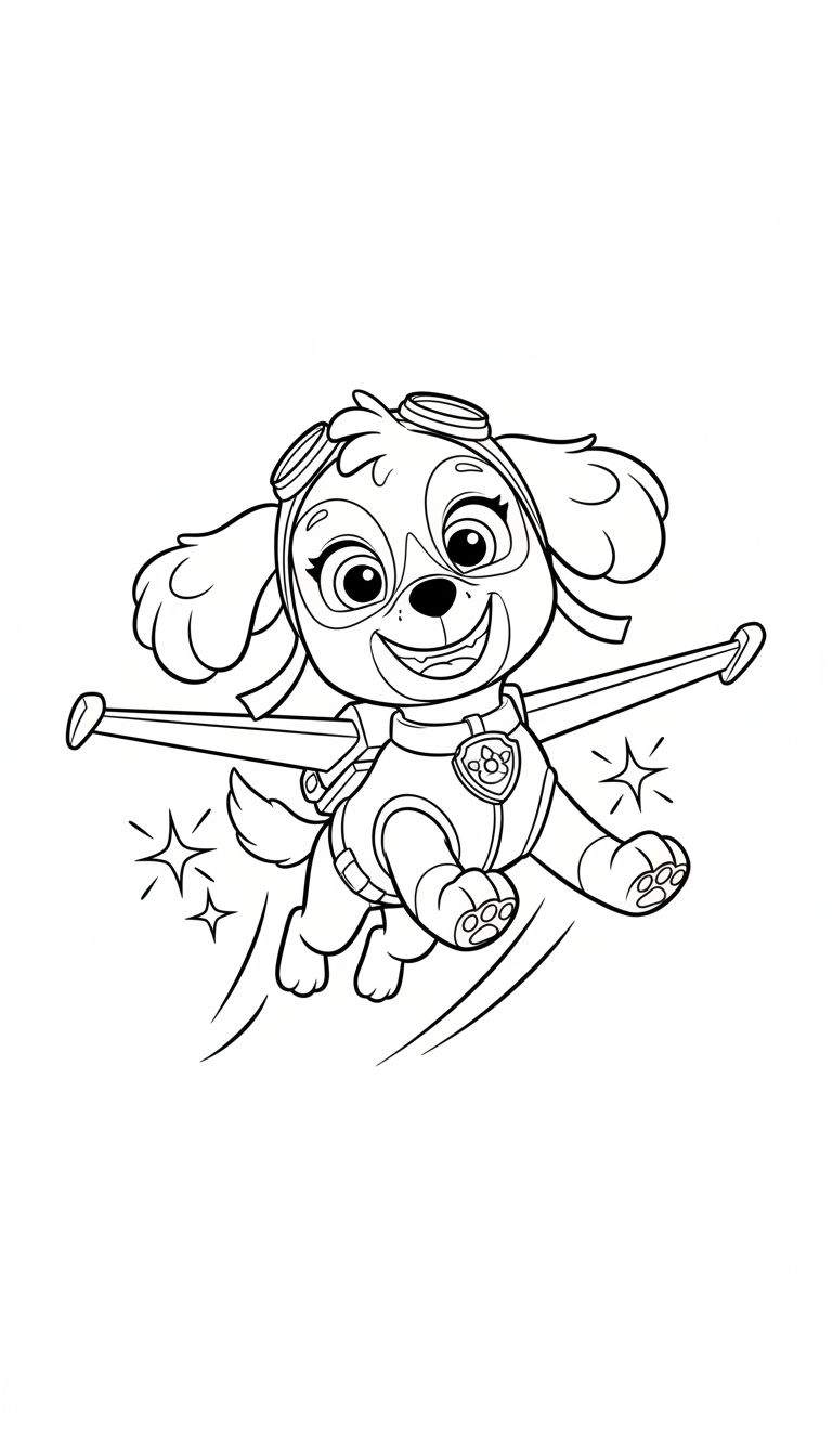 Kleurplaat van vliegende Skye van Paw Patrol met vliegbril en vliegpak, lachend, omringd door sterretjes en bewegingslijnen.