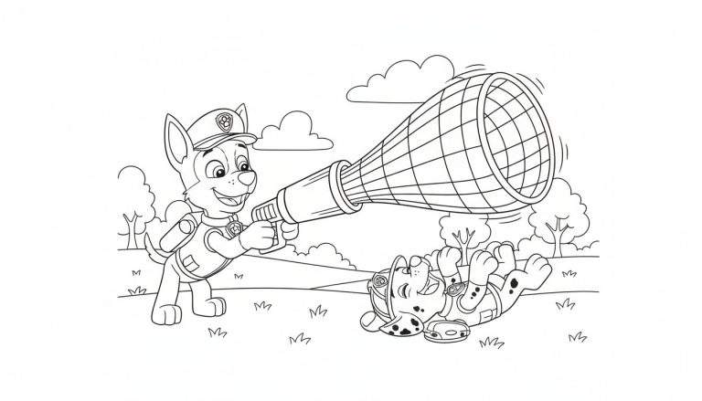 Kleurplaat van Paw Patrol: Chase richt een netkanon op een lachende Marshall in een buitenomgeving met heuvels en gras.