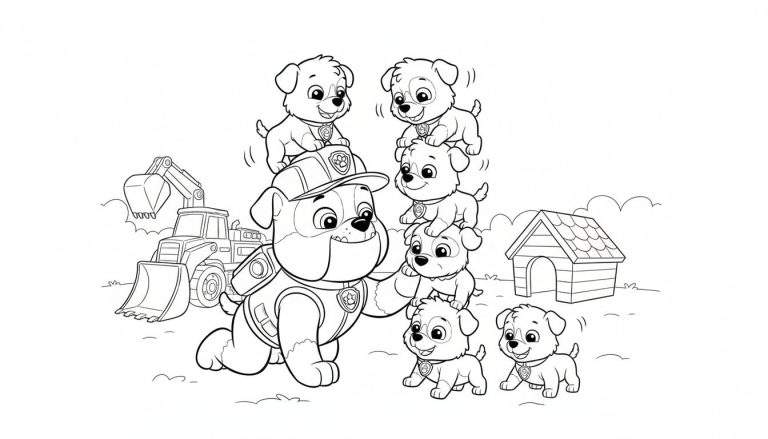 Zwart-wit kleurplaat van Rubble uit Paw Patrol, een bulldog met bouwvakkershelm, balancerend een puppy op zijn hoofd. Rechts een toren van vijf vrolijke puppy's. Op de achtergrond een graafmachine en een hondenhok in een buitenomgeving.