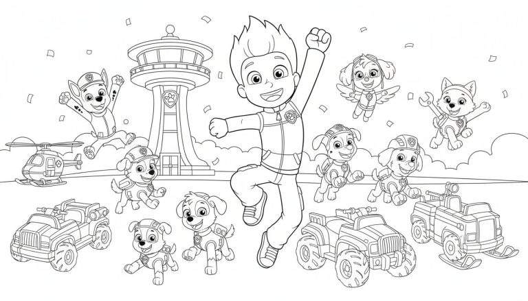 Paw Patrol kleurplaat met Ryder en alle pups (Chase, Skye, Rubble, Marshall, Rocky, Zuma, Everest/Tracker) in actie, voor de Lookout, met voertuigen en confetti.
