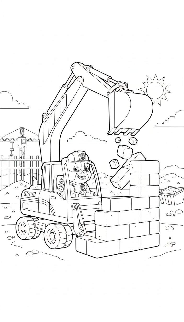 Kleurplaat van Rubble van Paw Patrol in een graafmachine, bouwblokken latend vallen op een bouwplaats onder de zon.