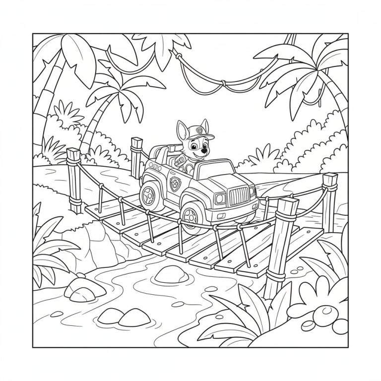 Zwart-wit kleurplaat van Chase van Paw Patrol in zijn politiewagen. Hij rijdt lachend over een rustieke houten brug in een weelderige tropische omgeving met palmbomen, lianen en een rivier.