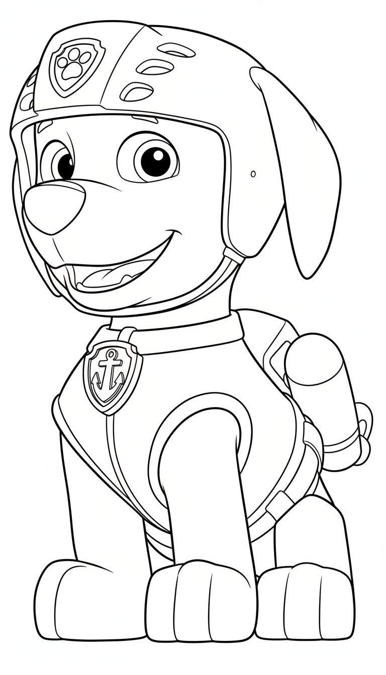 Zwart-wit kleurplaat van een vrolijke, lachende puppy in Paw Patrol-stijl (lijkt op Zuma), met speciale helm met pootafdruk en uniform met anker-embleem op zijn borst.