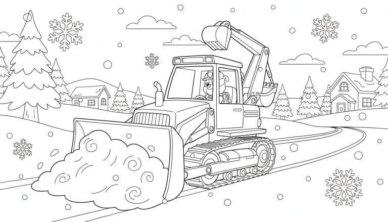 Zwart-wit kleurplaat van Rubble het hondje in een gecombineerde sneeuwschuiver-graafmachine in een besneeuwd winterlandschap met dennenbomen, huisjes en vallende sneeuwvlokken.