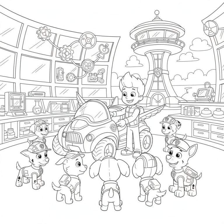 Kleurplaat van Paw Patrol met Ryder die een futuristisch vliegend voertuig presenteert aan de pups in een high-tech laboratorium met de Uitkijkpost op de achtergrond.