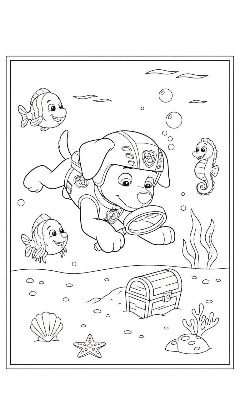 Zuma van Paw Patrol als duiker hond met vergrootglas, zoekend naar een schatkist op de zeebodem met vissen en zeepaardje in een onderwater kleurplaat.