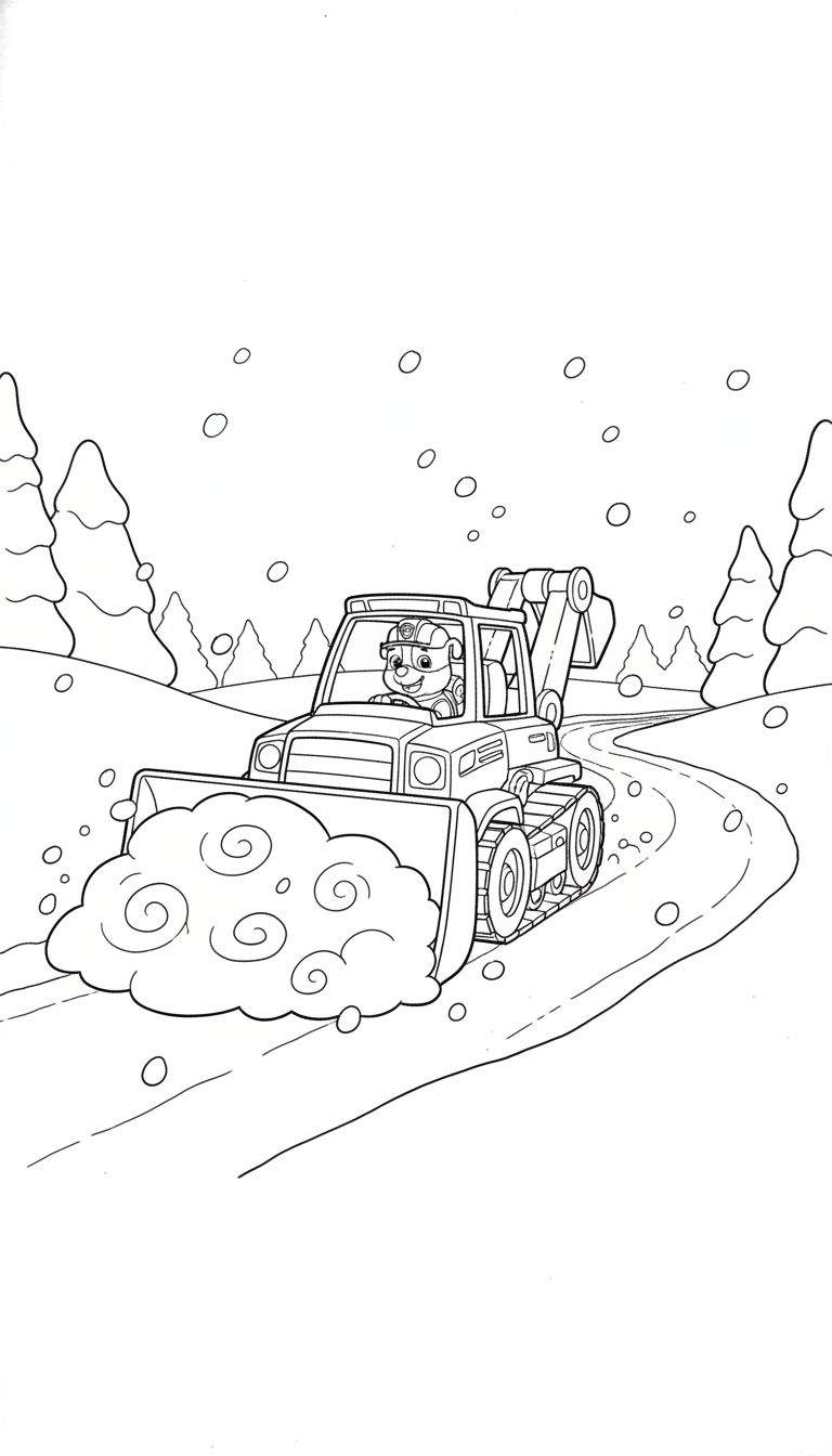 Zwart-wit kleurplaat van Rubble van Paw Patrol in een sneeuwschuiver die sneeuw ruimt op een bochtige weg, omringd door besneeuwde dennenbomen en vallende sneeuwvlokken.
