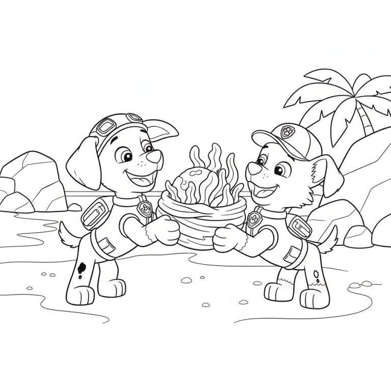 Kleurplaat van Paw Patrol pups Rubble en Marshall op een strand, die samen een mand met een mysterieus warm object vasthouden, met rotsen en palmboom op de achtergrond. Zuma-thema.