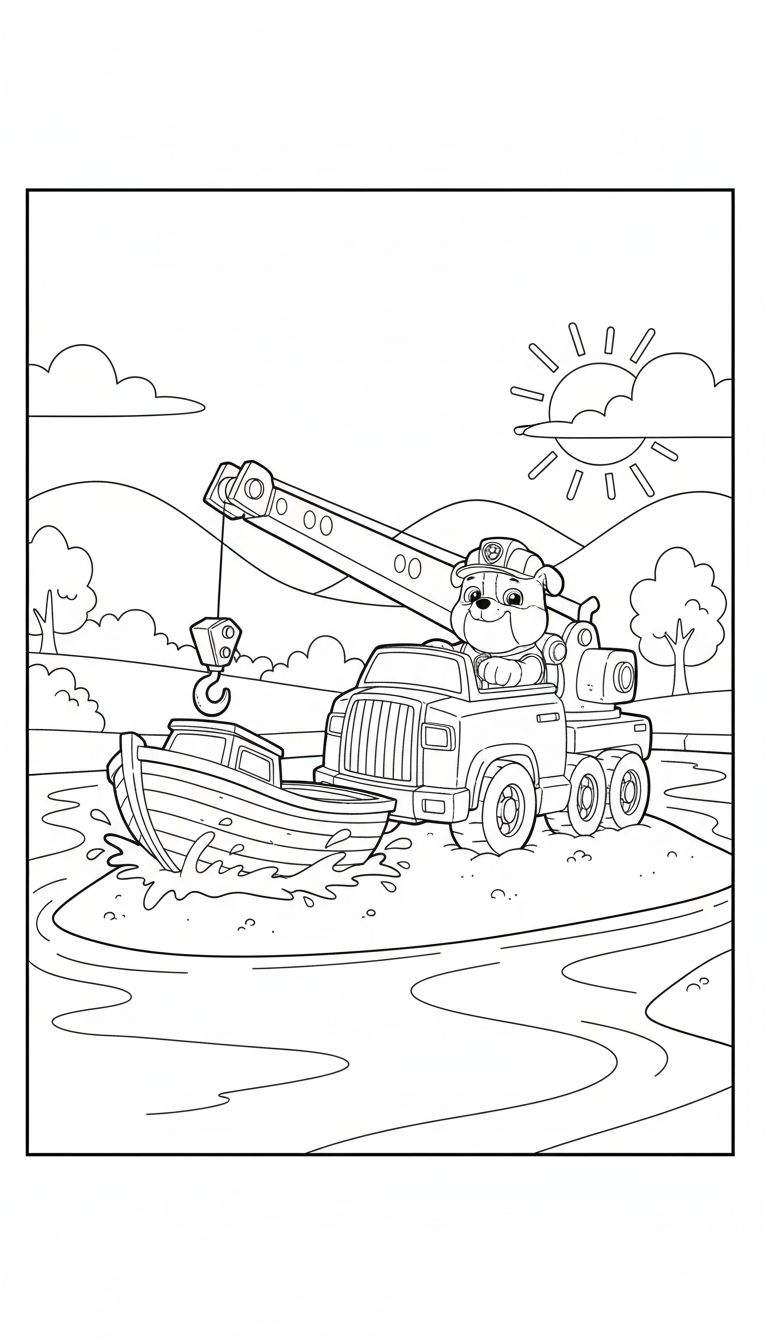 Kleurplaat van Rubble van Paw Patrol in zijn kraanwagen, bezig met het hijsen van een boot uit het water, met opspattend water, bomen, heuvels, wolken en een zon op de achtergrond.