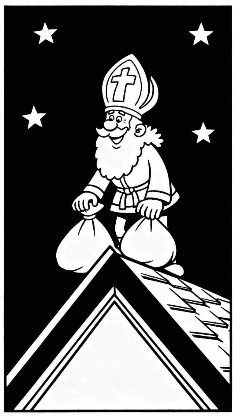 Zwart-witte kleurplaat van Sinterklaas op een dak met twee volle cadeautjeszakken, tegen een zwarte nachthemel met sterren, in cartoonstijl.