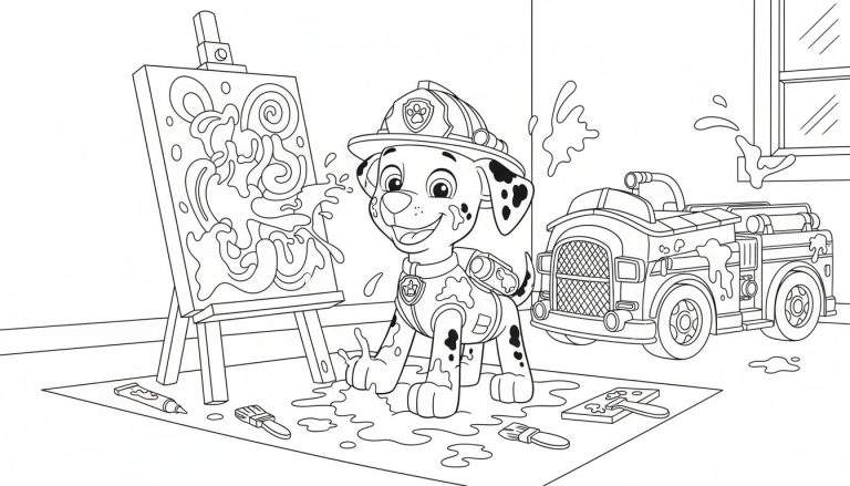 Zwart-wit kleurplaat van Marshall uit Paw Patrol als een blije, met verf besmeurde kunstenaar in een rommelige studio. Hij draagt zijn brandweerhelm en uitrusting, lacht en staat in een plas verf. Rondom liggen verfspullen, een schildersdoek en op de achtergrond zijn besmeurde brandweerwagen.