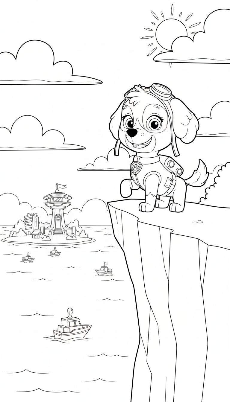 Zwart-wit kleurplaat van Skye van Paw Patrol. Skye, een vrolijk hondje met pilotenmuts en bril, staat op een hoge klif en kijkt uit over een zee vol boten. In de verte is een eiland met een uitkijktoren zichtbaar, en de lucht is gevuld met wolken en een zon.
