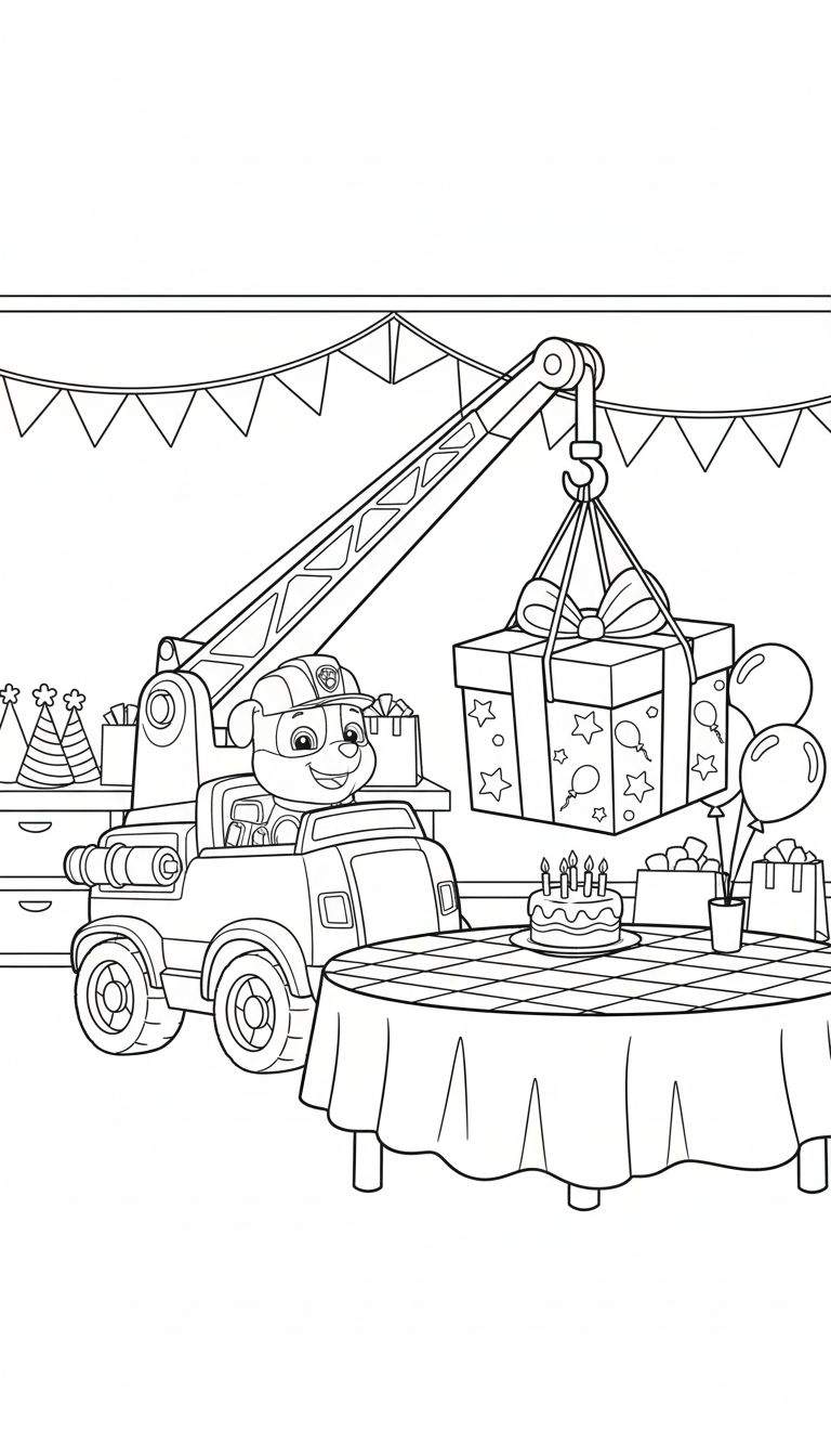 Kleurplaat van Rubble van Paw Patrol in zijn kraanwagen die een verjaardagscadeau hijst, met een feesttafel vol taart en cadeaus op de voorgrond.