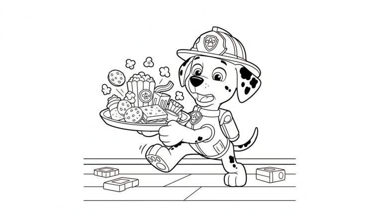 Kleurplaat van Marshall van Paw Patrol, brandweerhond, met helm, die verbaasd rent en een dienblad vol vliegende snacks (popcorn, koekjes, sandwich) vasthoudt.