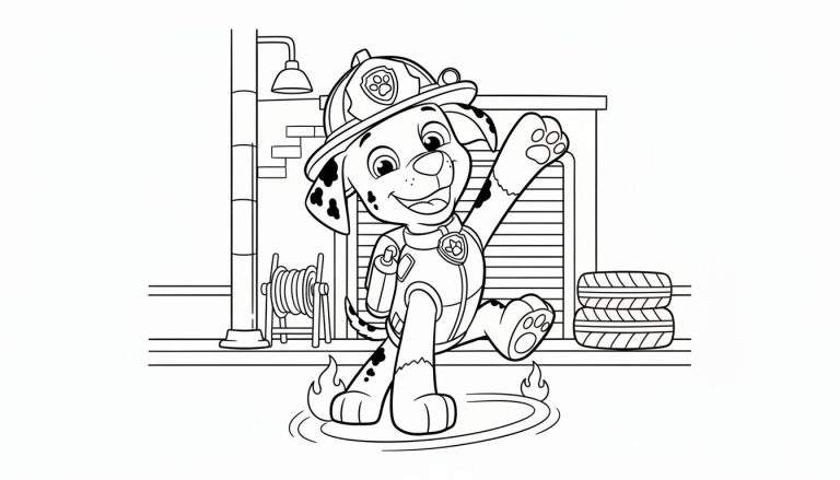 Kleurplaat van Marshall Paw Patrol, een vrolijke Dalmatiër brandweerpuppy die lachend een brandje blust met een brandblusser voor een brandweerkazerne.