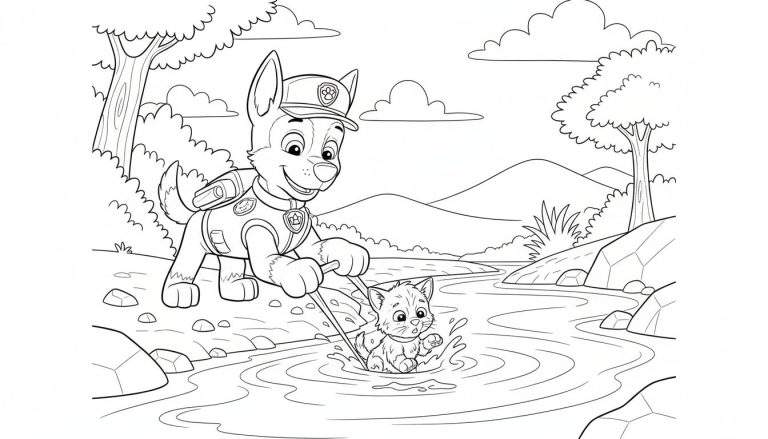 Zwart-witte kleurplaat van Chase van Paw Patrol in politie-uniform die een kitten uit een rivier redt met een stok, omringd door bomen, rotsen en bergen.