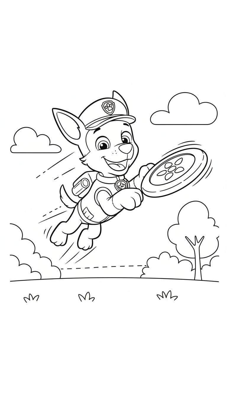Kleurplaat van Chase van Paw Patrol als blije politiehond die met een frisbee door de lucht springt, met wolken en landschap op de achtergrond.