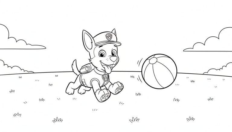 Zwart-witte kleurplaat van Chase van Paw Patrol in politie-uniform, vrolijk rennend of springend achter een gestreepte strandbal aan op een grasveld met wolken.