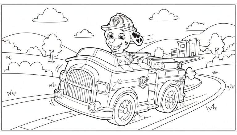 Zwart-wit kleurplaat van Marshall uit Paw Patrol in zijn brandweerwagen, rijdend op een bochtige weg met heuvels, gebouwen en wolken op de achtergrond.