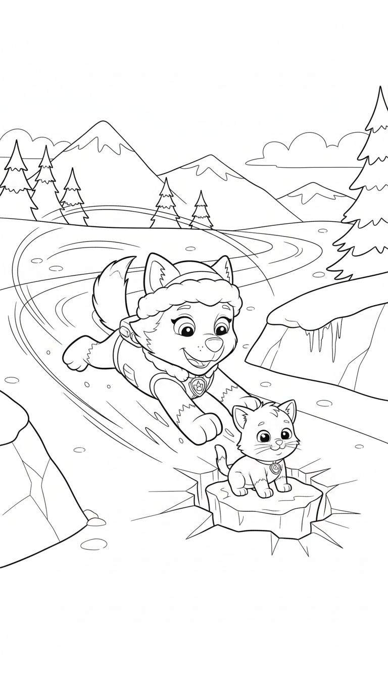 Zwart-wit kleurplaat van Paw Patrol's Everest die op haar buik over ijs glijdt, vrolijk kijkend naar een klein katje dat op een drijvende ijsschots zit, in een winters berglandschap met dennenbomen en ijspegels.