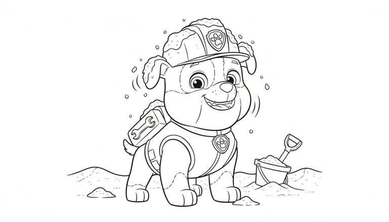 Kleurplaat van Rubble van Paw Patrol, een lachende bulldog puppy met gele bouwhelm, halsband, en een moersleutel op zijn rug, staand op zandgrond met een zandemmer en schep op de achtergrond.