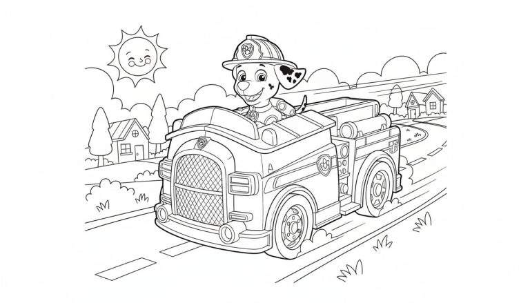Kleurplaat van Marshall de brandweerhond van Paw Patrol, vrolijk lachend in zijn brandweerwagen die over een weg rijdt.