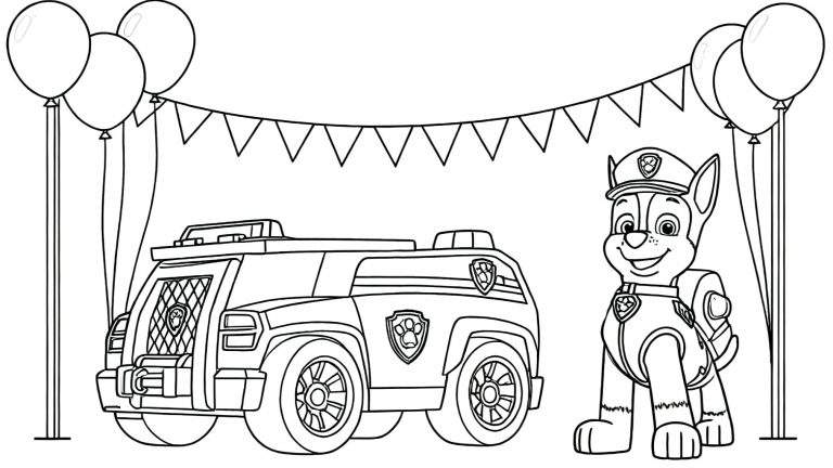 Zwart-wit lijntekening van Chase van Paw Patrol in politie-uniform naast zijn SUV, met lier, Paw Patrol logo, vlaggenlijn en zes ballonnen. Vrolijke, feestelijke kleurplaat.