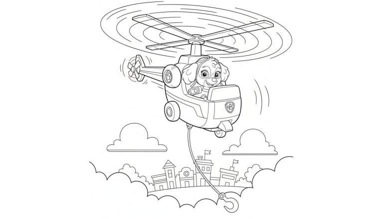 Zwart-wit kleurplaat van Paw Patrol's Skye in haar helikopter met draaiende rotoren en een haak, vliegend boven wolken en een stadje.