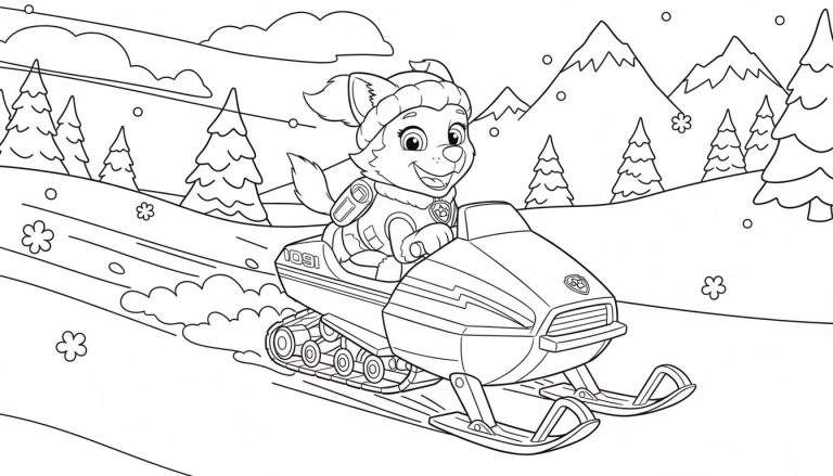 Zwart-wit kleurplaat van Everest van Paw Patrol op een sneeuwscooter in een besneeuwd berglandschap, met sneeuwvlokken en dennenbomen.