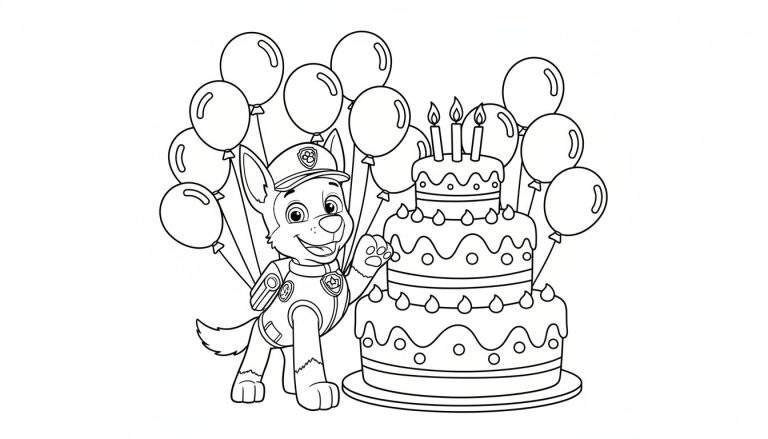 Zwart-wit kleurplaat van Chase van Paw Patrol, lachend bij een drielaagse verjaardagstaart met vier brandende kaarsjes en omringd door feestelijke ballonnen.