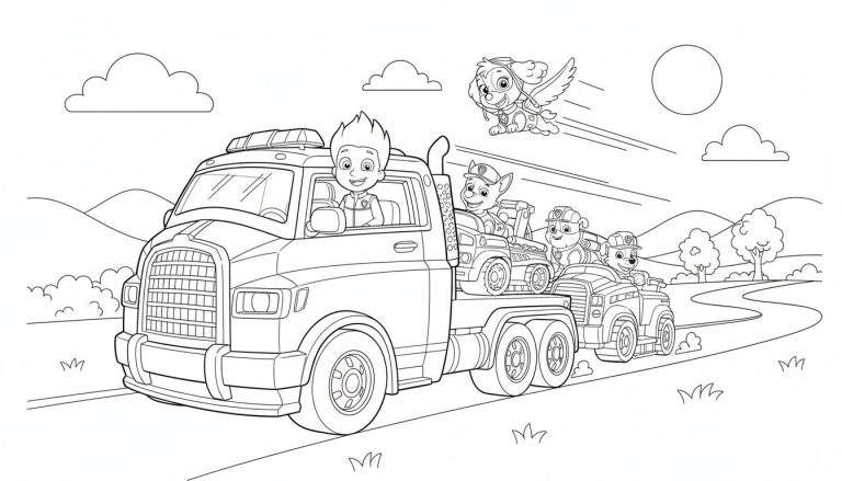 Paw Patrol kleurplaat met Ryder in een vrachtwagen, Chase en Rubble in hun voertuigen op de laadbak, en Skye vliegend boven een landschap met heuvels en bomen.