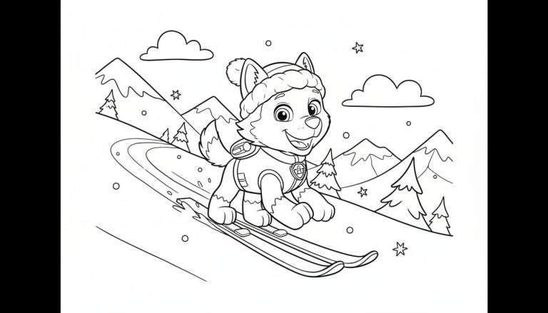Zwart-wit kleurplaat van Paw Patrol's Everest die skiet op een besneeuwde berg, met wintermuts en ski-uitrusting, omringd door dennenbomen en wolken.