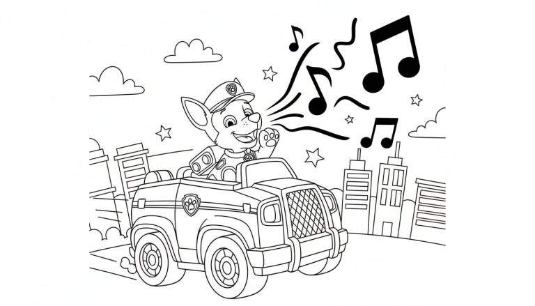 Zwart-wit kleurplaat van Paw Patrol pup Chase in zijn politievoertuig, met politiepet, lachend en een poot omhoog. Uit zijn mond komen muzieksymbolen en golvende lijnen, omringd door sterretjes. Op de achtergrond zijn gestileerde stadsgebouwen, wolken en sterren te zien.