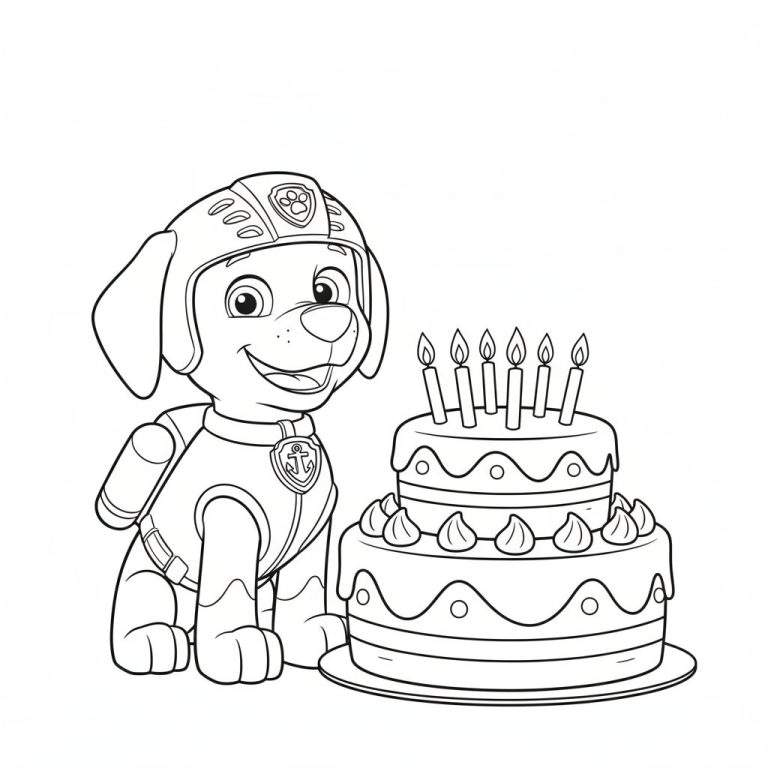 Kleurplaat van Zuma (Paw Patrol) met duikhelm en anker-badge, zittend naast een tweelaagse verjaardagstaart met zes kaarsjes.