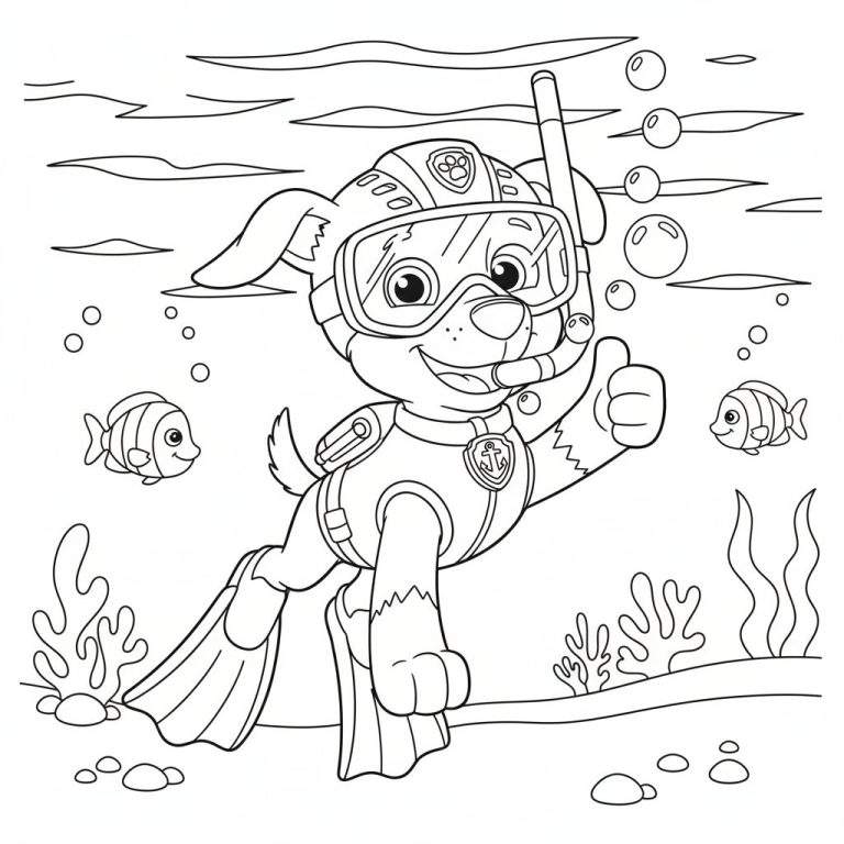 Kleurplaat van Zuma (Paw Patrol) als vrolijke duiker onder water, met snorkel, vinnen, duikbril, helm en duikpak, omringd door vissen, bubbels en koraal.