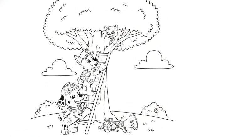 Zwart-wit Paw Patrol kleurplaat met Chase en Marshall die een angstige kat uit een boom redden met een ladder. Megaphone en brandweerslang liggen op de grond.
