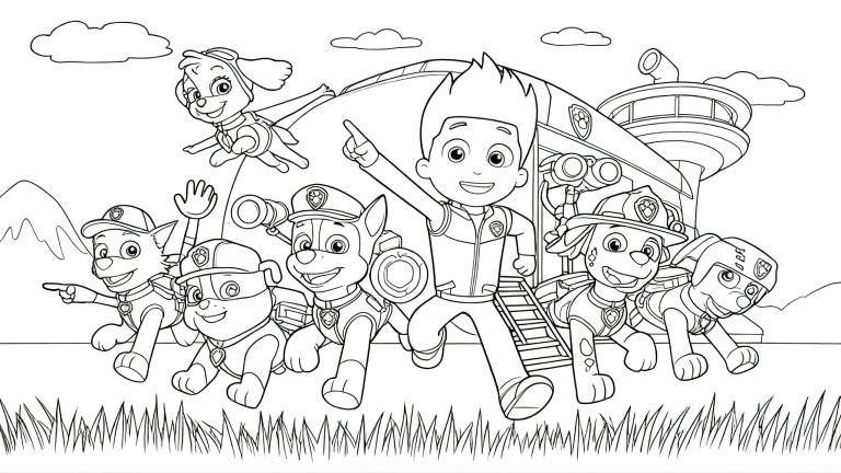 Zwart-wit kleurplaat van Paw Patrol met Ryder die naar voren rent, omringd door de zeven pups (Skye, Zuma, Rocky, Chase, Marshall, Rubble) in actie, met de Paw Patrol Uitkijktoren op de achtergrond en bergen en wolken.
