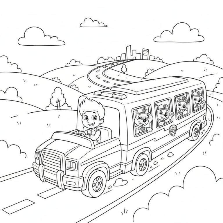 Kleurplaat: Vrolijke Ryder bestuurt een truck-bus met vier puppy's/honden in petjes die zwaaien, rijdend door heuvels richting stad.