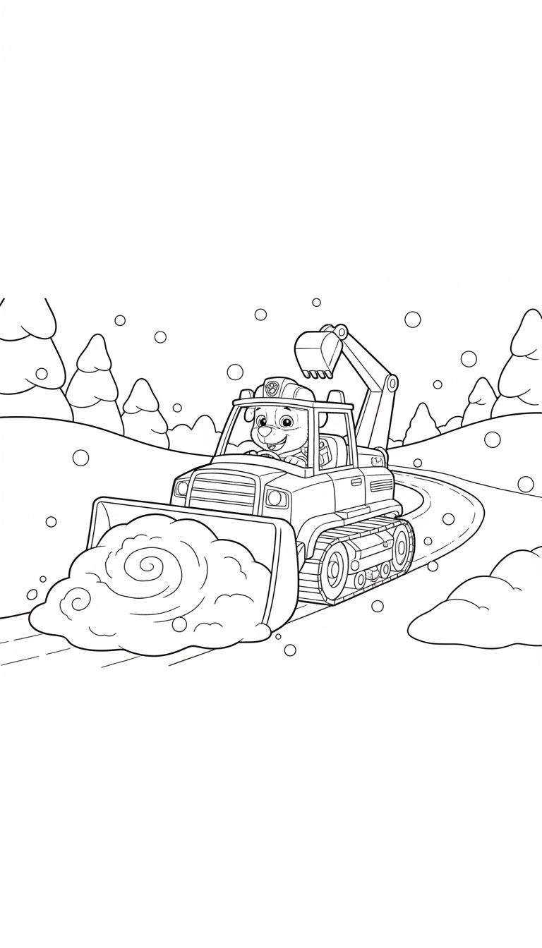 Zwart-wit kleurplaat van Paw Patrol's Rubble in een sneeuwschuiver/graafmachine met rupsbanden, sneeuw schuivend in een besneeuwd landschap met dennenbomen en sneeuwvlokken.