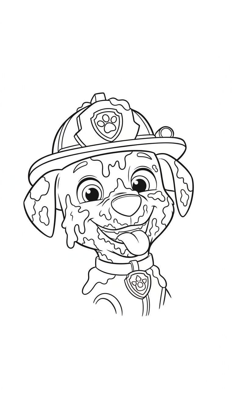 Zwart-wit kleurplaat van Marshall de Dalmatiër uit Paw Patrol, lachend met tong uit mond, besmeurd gezicht, brandweerhelm en halsband met pootafdruk.