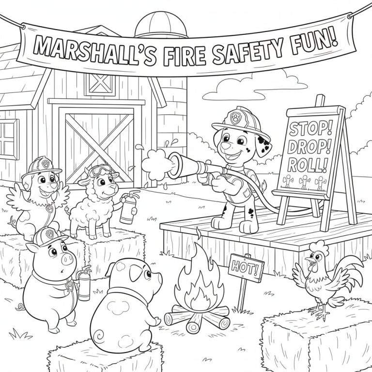 Kleurplaat van Marshall van Paw Patrol als brandweerhond met slang, die brandveiligheid uitlegt aan boerderijdieren (kuiken, schaap, varkens, haan) met helmen bij een kampvuur, voor een boerenschuur. Een bord toont 'STOP! DROP! ROLL!'.