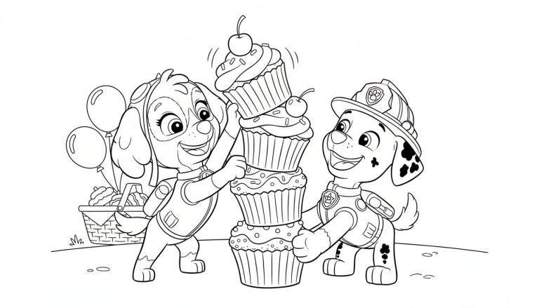 Kleurplaat van Paw Patrol pups Skye en Marshall die vrolijk lachend een toren van vier cupcakes vasthouden, met een picknickmand en ballonnen op de achtergrond.