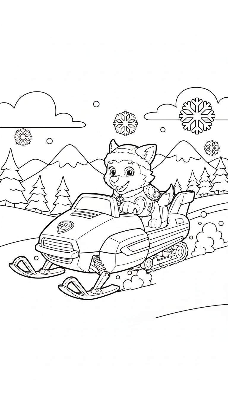 Zwart-wit kleurplaat van Everest van Paw Patrol op een sneeuwscooter, rijdend door een besneeuwd winterlandschap met bergen, dennenbomen en sneeuwvlokken.