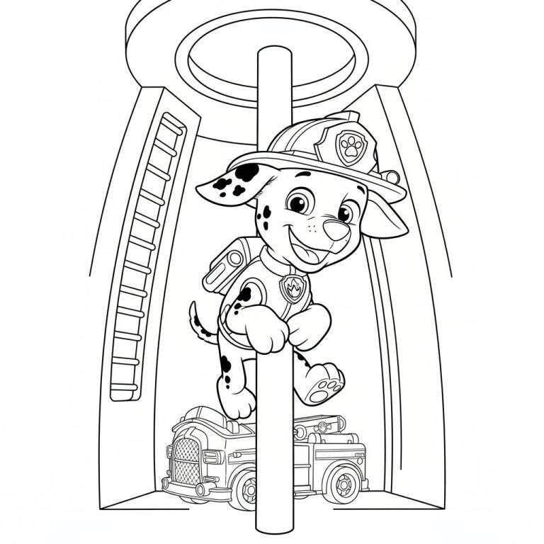 Kleurplaat van Marshall, de dalmatiër brandweerhond, glijdend van een brandweerpaal naar een brandweerauto, met brandweerhelm en rugzak, in een brandweerkazerne-setting.