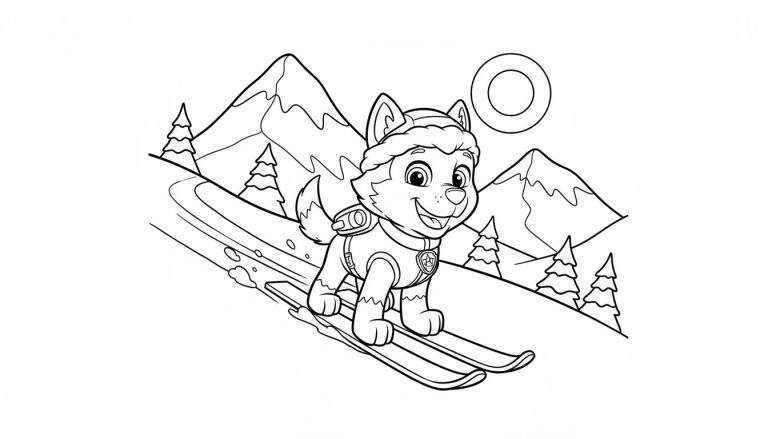Zwart-wit kleurplaat van Everest van Paw Patrol die skiet op een besneeuwde piste met bergen en dennenbomen op de achtergrond.
