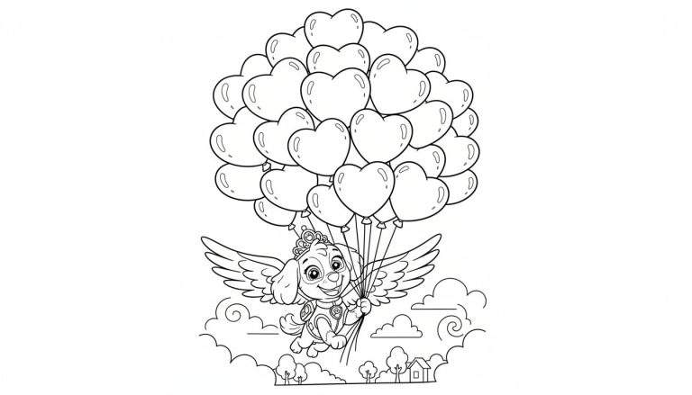 Kleurplaat van Skye van Paw Patrol, vliegend door de lucht met een bos hartvormige ballonnen en een kroontje, boven wolken en een landschap met bomen en huisjes.