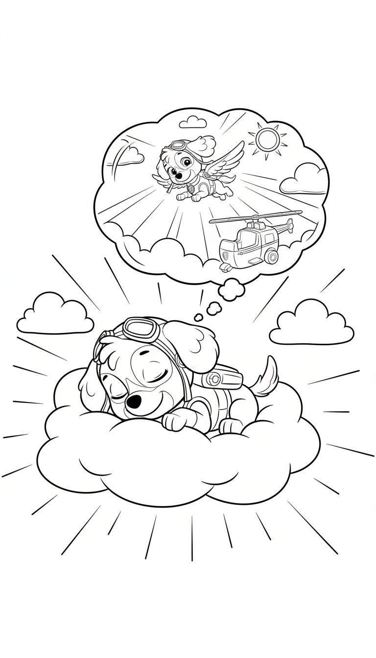 Zwart-wit kleurplaat van een slapend hondje, Skye, met pilotenmuts en vliegbril, liggend op een grote wolk. Boven haar hoofd is een droomwolk met daarin Skye vliegend met vleugels naast een helikopter, zon en wolken. Omgevingsdetails van wolken en strepen.