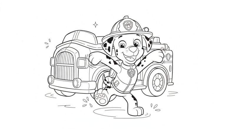 Kleurplaat Marshall PAW Patrol brandweerhond, rennend met open armen in brandweerpak en rode helm, met water spetters en brandweerwagen achtergrond.