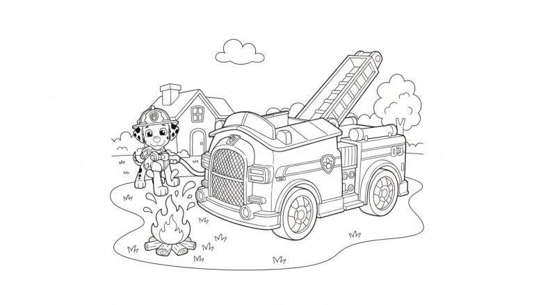 Kleurplaat van Marshall de brandweerman van Paw Patrol die water spuit op een kampvuur naast zijn brandweerwagen met ladder, met een huis, boom en wolk op de achtergrond.
